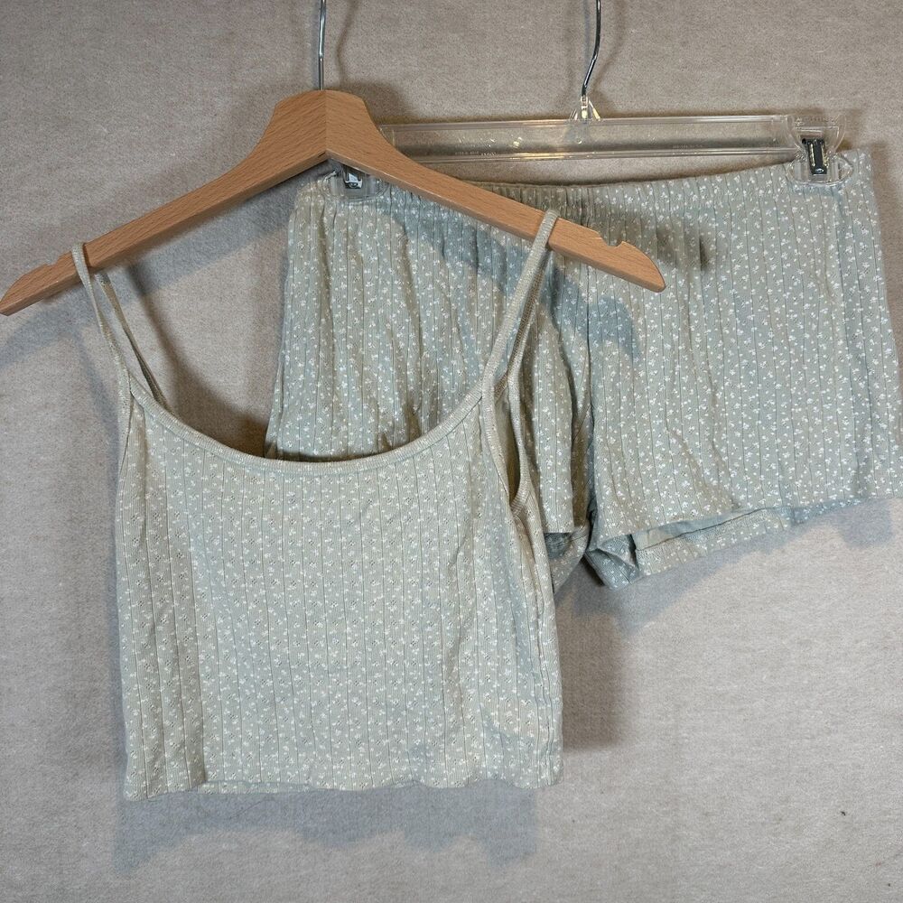 Brandy Melville Sage Pointelle Floral Cami and Shorts Set Lounge One Size